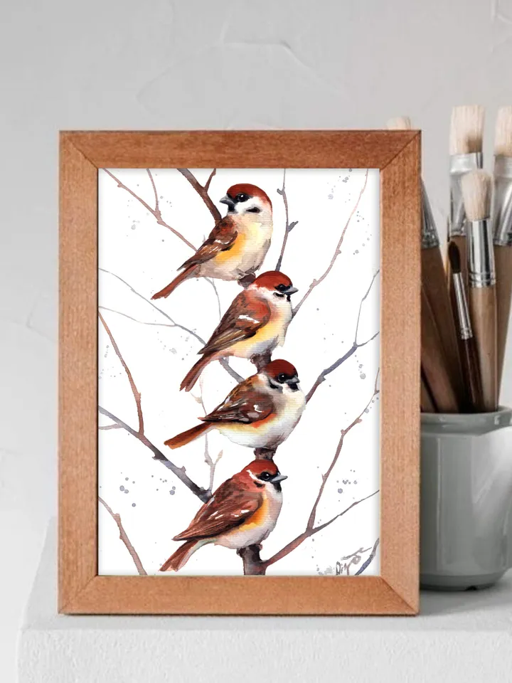 Sparrows original watercolor, birds painting, wall decor, 7x10 in art for birds lovers by Anne Gorywine