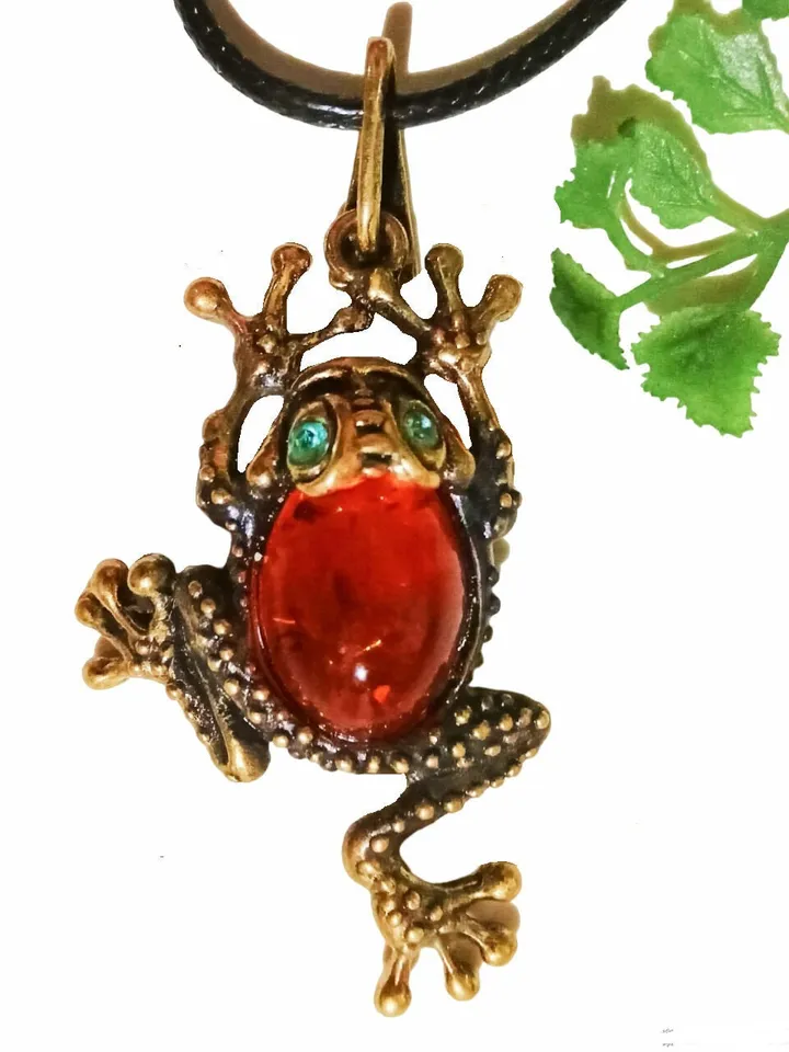Frog Animal Necklace Gold Brass with Amber pendant Nature lovers gift for friend woman children funny jewelry
