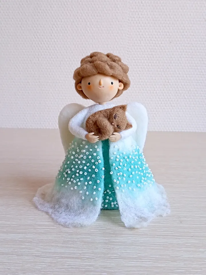 Waldorf inspired angel with cat\OOAK angel figurine\Wool needle felted magic angel art doll\Animal lovers gift\Loss pet gift\Keeper pets