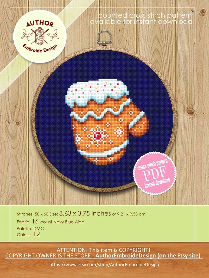 Christmas mitten gingerbread cross stitch pattern download PDF, Christmas gingerbread decor, Small Christmas pattern digital PDF #N141
