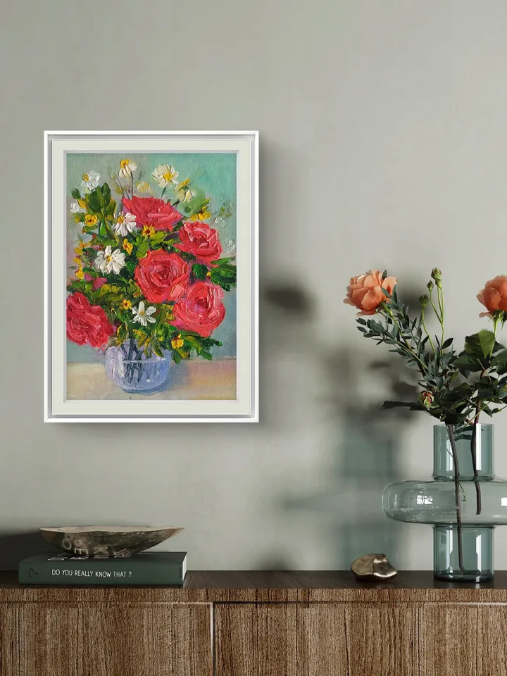 Red Roses Original Oil Painting Rose Flower Painting Wall Art Red Red Flower Wall Decor Small Art Rose Original Art impasto artwork