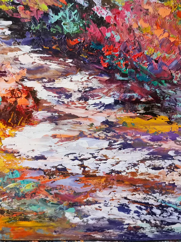 Trees Mountains Path Trail Original Art Oil Painting Abstract Artist Svinar Oksana