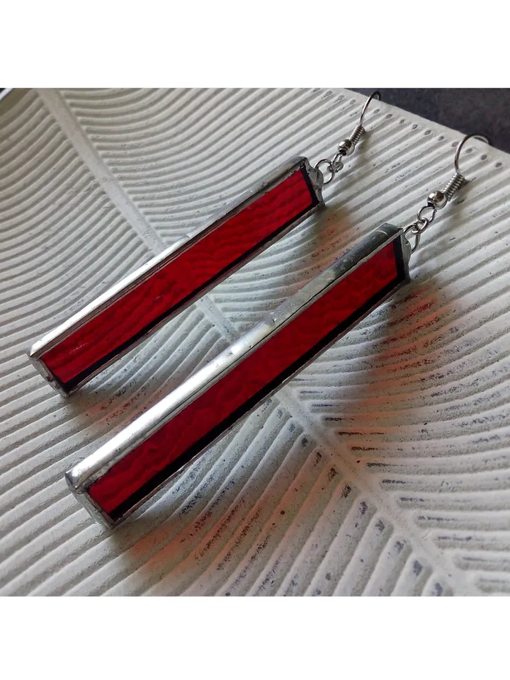 Minimalist earrings, simple Stained glass, Dangle geometric earring, rectangle earrings, Red earrings, Orange earrings