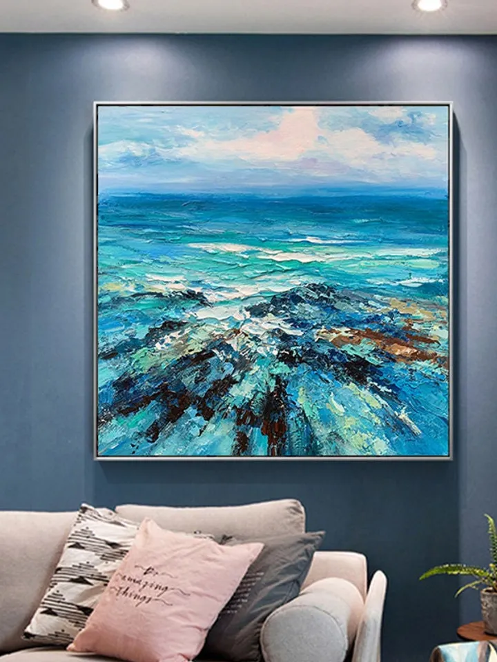 Blue Mediterranean Sea Landscape Oil Painting on Canvas, Abstract Crystal-clear Ocean Acrylic Painting, Large Heavy Textured Wall Art Decor
