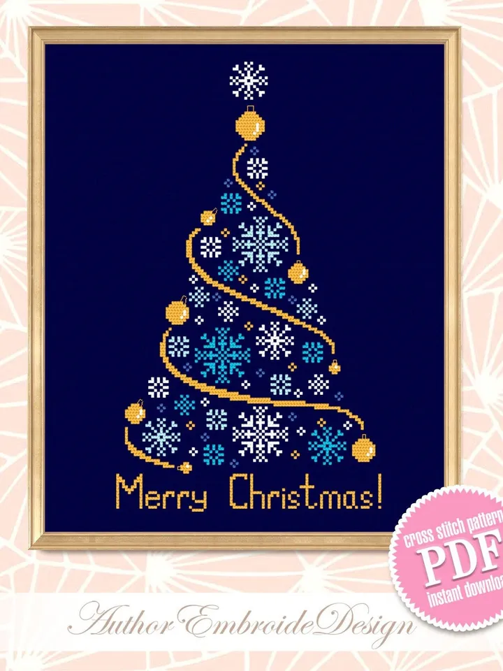 Christmas Tree cross stitch pattern download PDF Snowflake ornament cross stitch chart, Merry Christmas pattern digital PDF, Holiday #N128