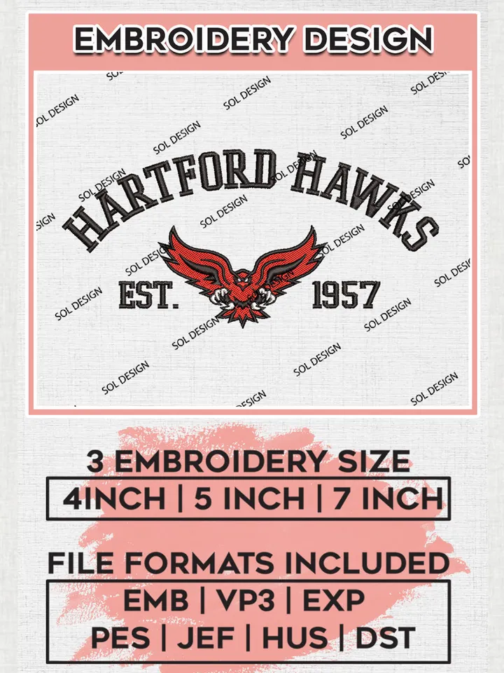 Hartford Hawks Est 1957 Embroidery Designs, NCAA Hartford Hawks Team Embroidery, NCAA Team Logo, 3 sizes, Machine embroidery Files, Digital Download