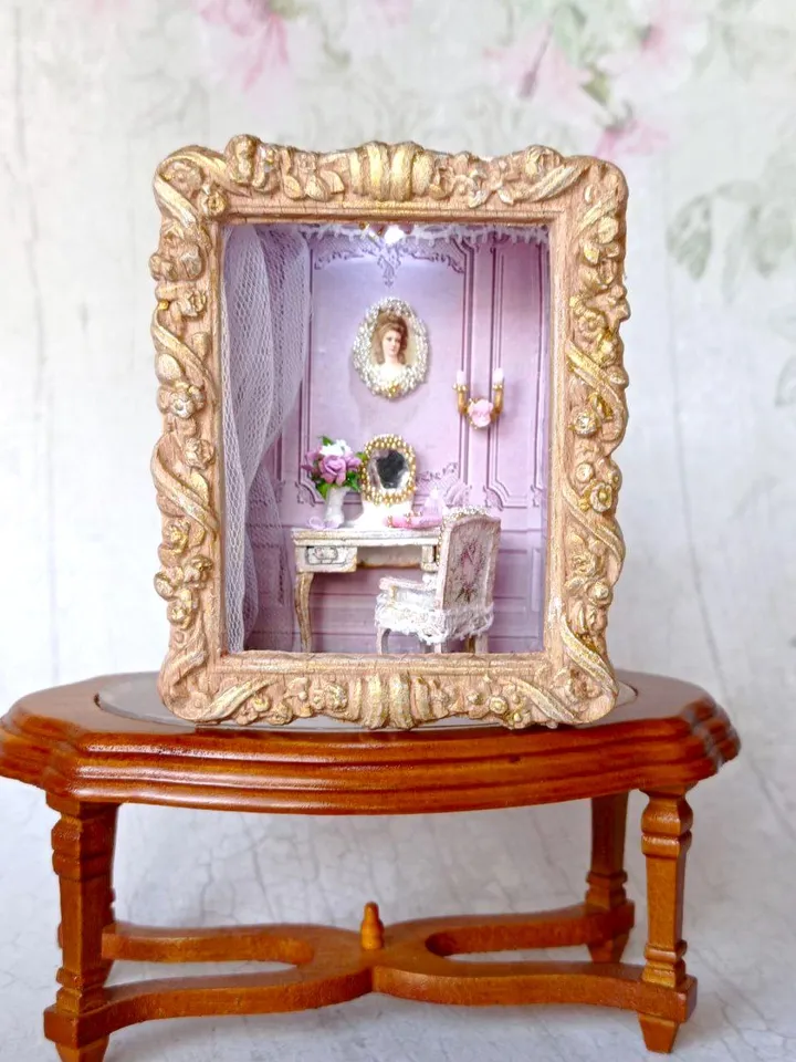 Miniature pink Boudoir, 1/48 scale miniature dollhouse with furniture and accessories