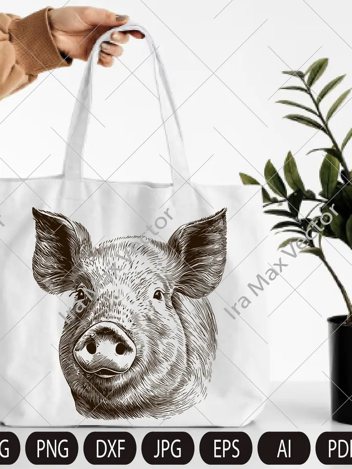 Pig Svg,Pig face, Pig head svg, Piglet Head, Pig Silhouette, Pig detailed portrait, Farm Animals Silhouette