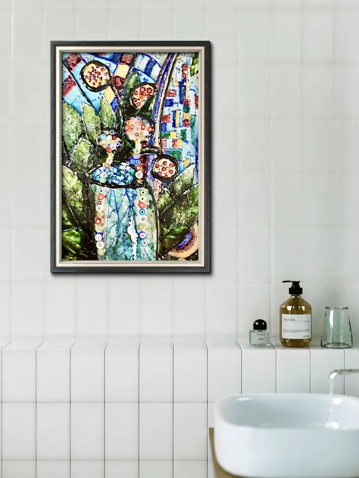Poster from my original painting on glass,colourful flowers in a vase,unique design home decoration wall art.