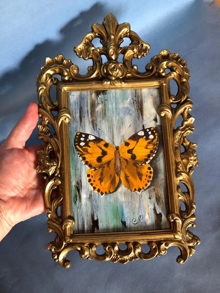 Butterfly Painting Framed Antique Metal Frame Shabby Chic Painting