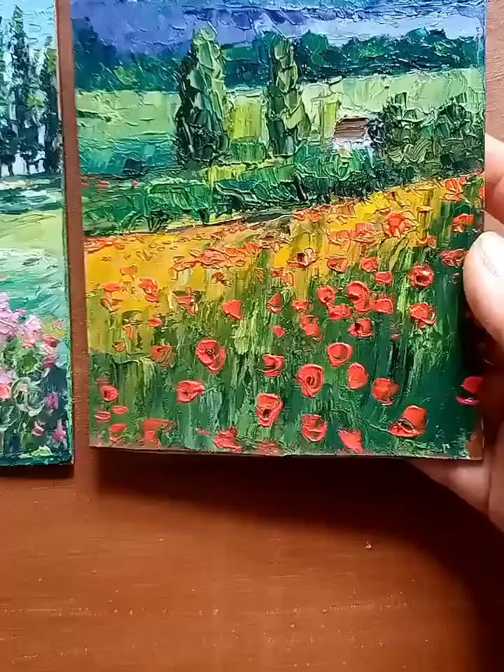 Oil painting panoramic landscape nature original painting,panoramic scenery meadow impasto painting Meadow art poppy field Gifts art impast