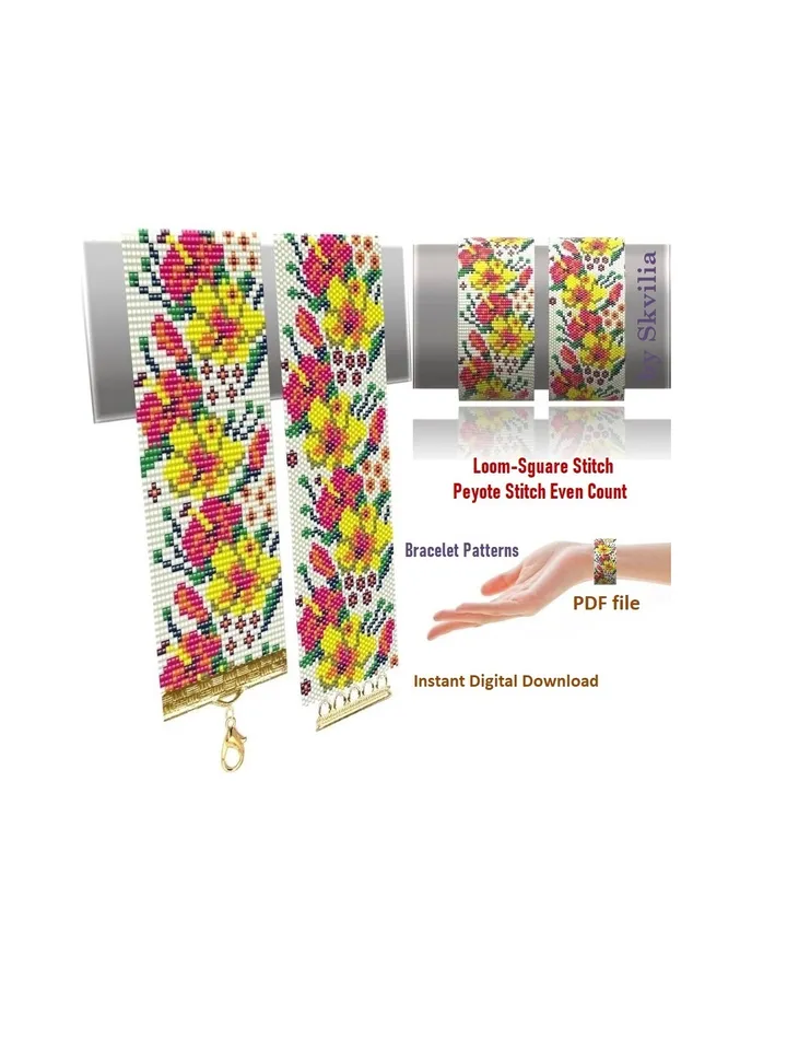 Cuff Bracelet Even Count Peyote Stitch - Loom-Square Stitch Bead Patterns Bracelets, Miyuki Delica or Preciosa, Instant Download