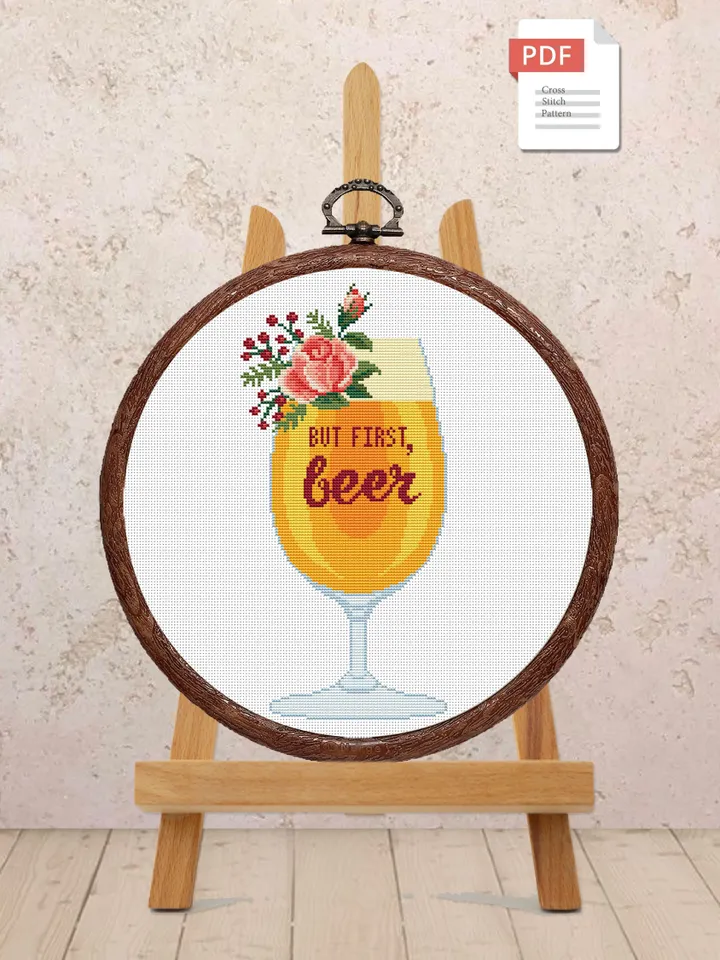 Set of 2 But First Beer Cross Stitch Pattern, Kitchen Cross Stitch, Embroidery Beer, But First Wine Pattern, Modern Cross Stitch #kt007