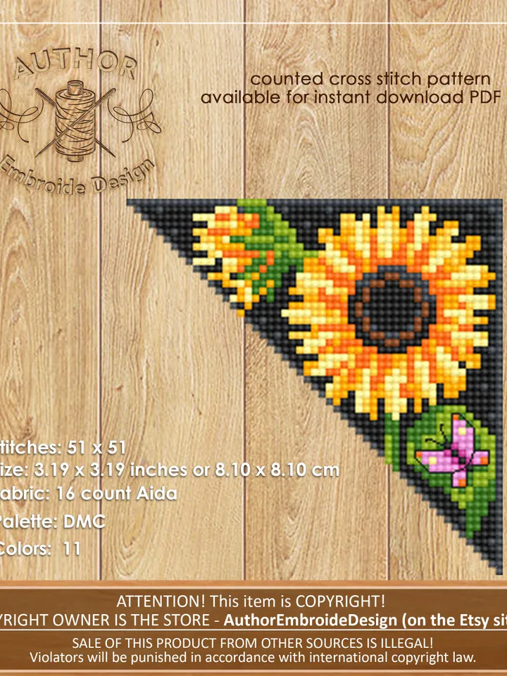Corner bookmark sunflower cross stitch pattern PDF download Flower cross stitch chart, Floral bookmark corner, Sunflower pattern #B195
