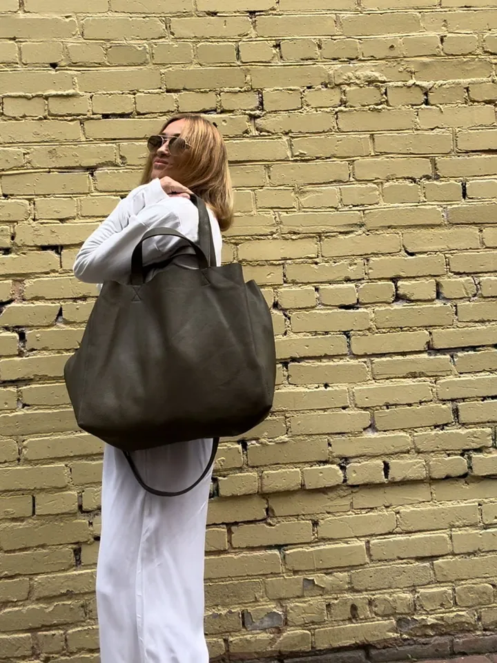 Genuine leather khaki green oversize tote shopper triple handle big bag / everyday purse / handmade bags / designer bags / summer bag /