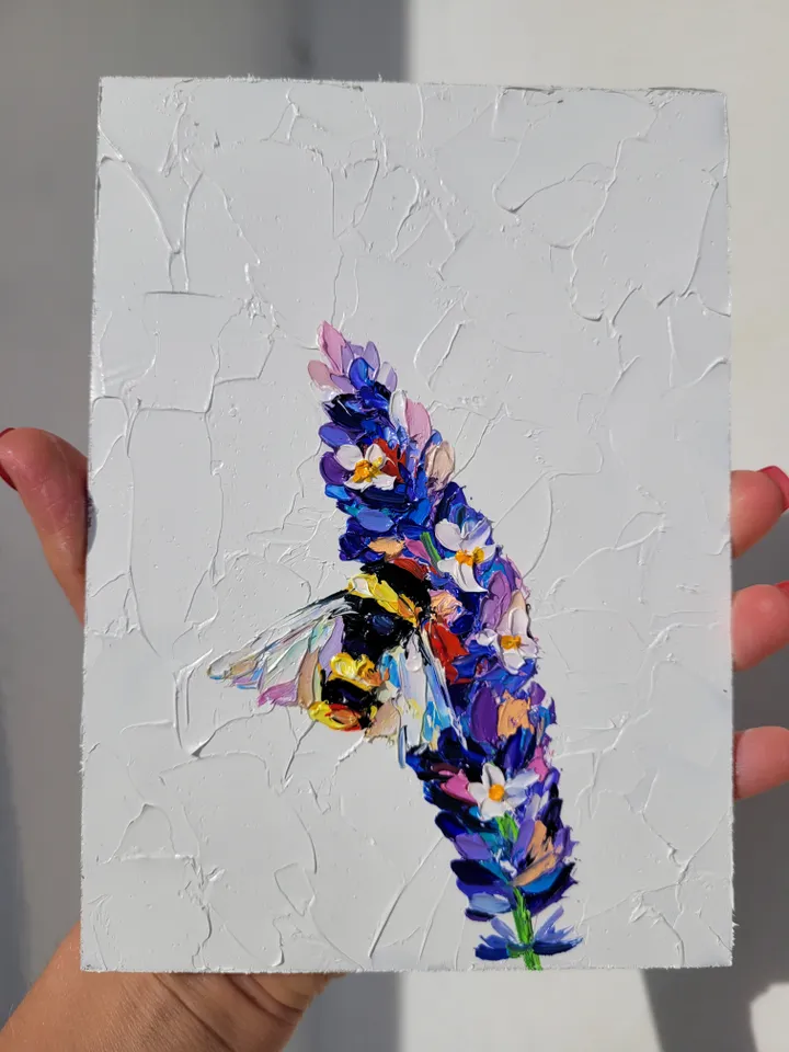 Bumble Bee Painting Lavender Flower Painting Bee Original Art Impasto Oil Painting 5x7 Honey Bee Artwork Floral Wall Art Small Painting by ArtFromVictoria