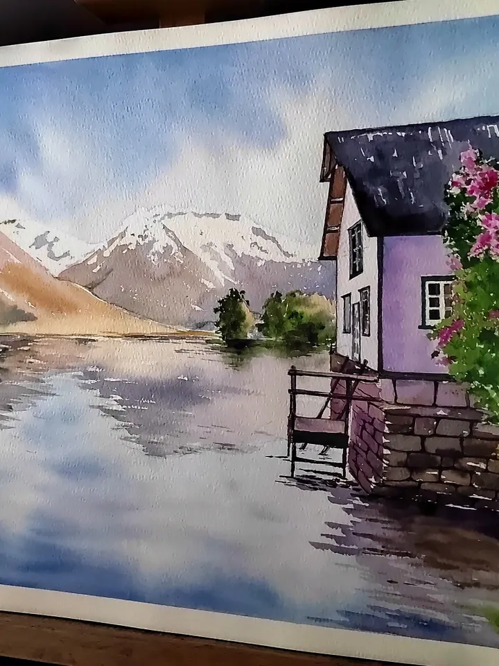 Mountain Lake Painting Lake Landscape Art House on the Lake Artwork Original Watercolor Painting 11.81x15.74 in by SoftWaves