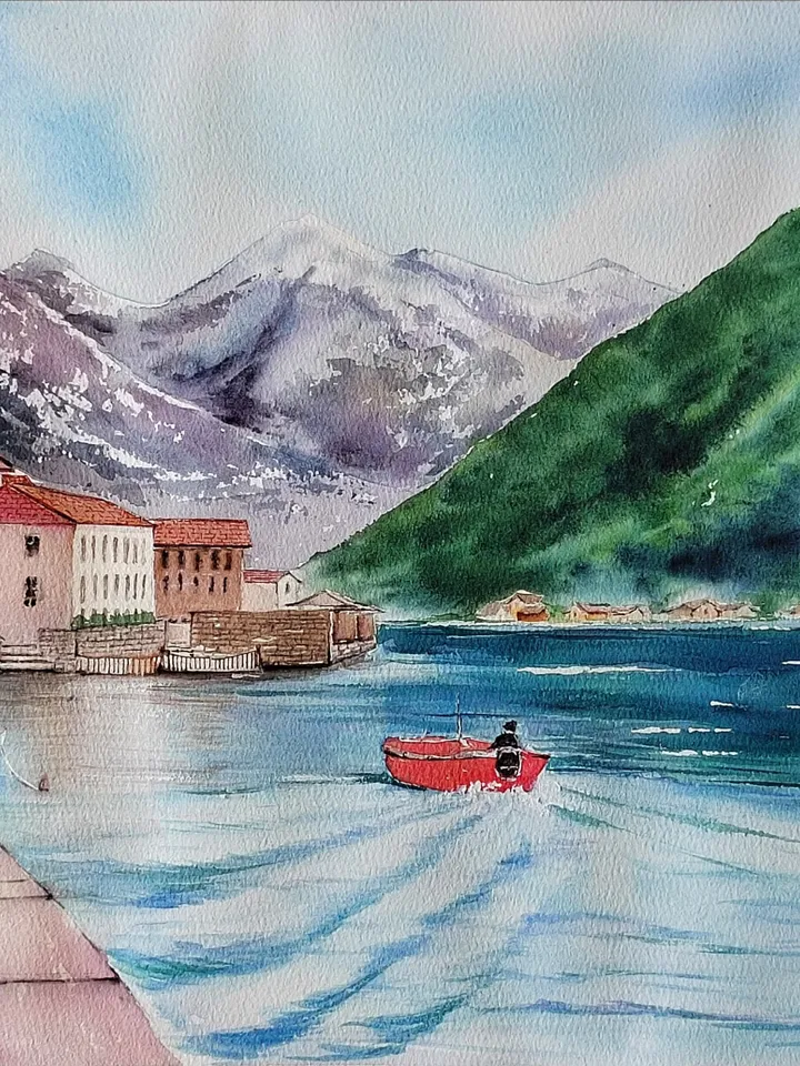 Original Watercolor Painting Montenegro Landscape Art Old Budva Artwork Coast of Montenegro Picture 30x40 cm by SoftWaves