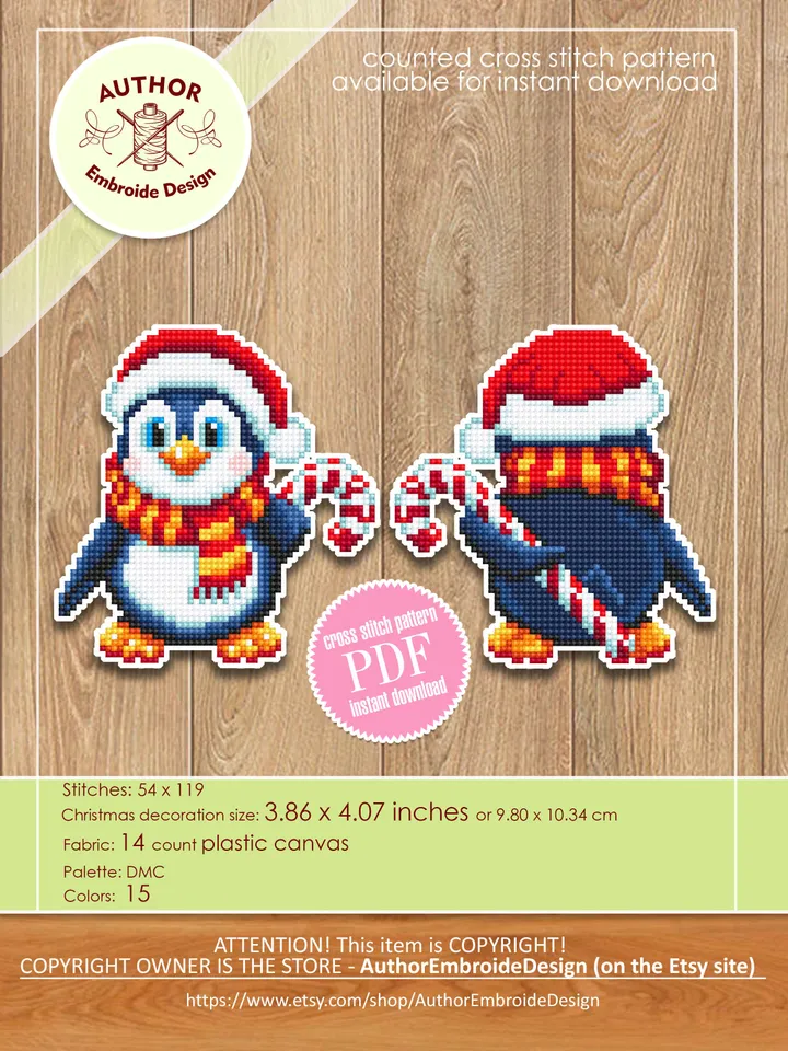 Christmas penguin cross stitch pattern PDF download Double-sided Christmas tree decor for plastic canvas Baby penguin ornament pattern #N124
