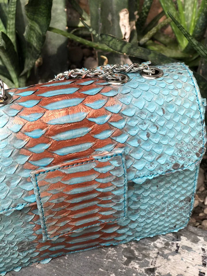 Small Shiny Genuine Python Skin Crossbody Bag | Designer Leather Bag | Evening Chain bag | Exotic Leather Bag | Woman Evening Bag Light Blue