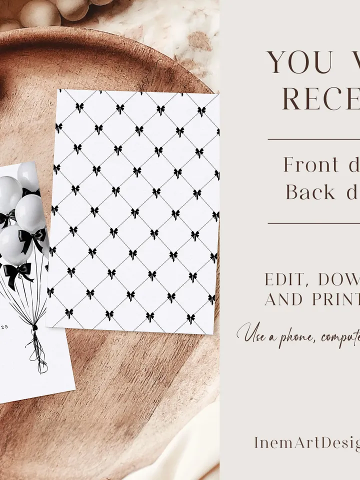 Editable Black & White Bow Balloon Birthday Invitation - Custom Canva Template, First Birthday Party Invite - WB211