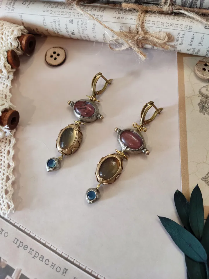 Victorian Dangle Earrings, Big Natural Stones, Carnelian Earrings Quartz Earrings