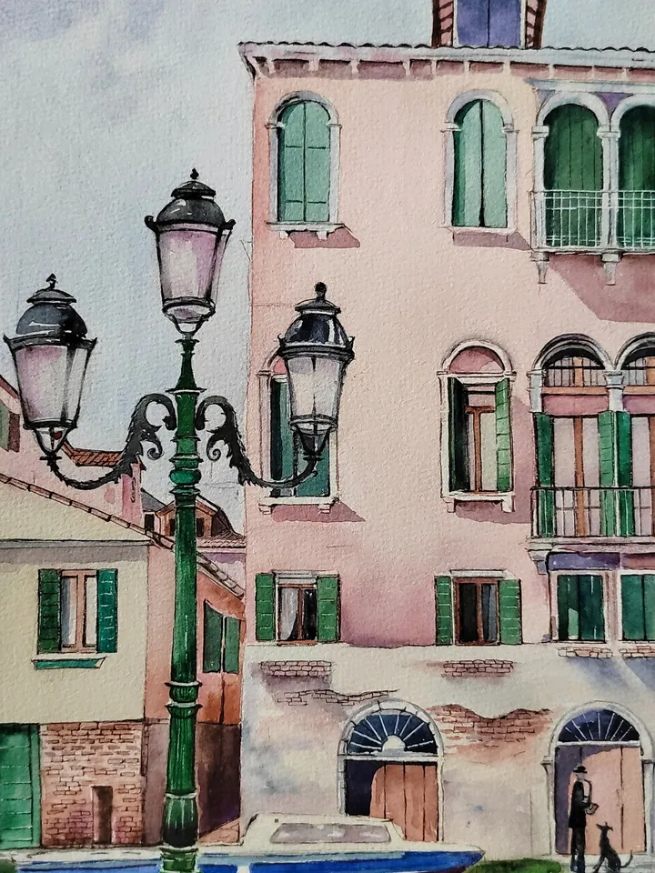 Original Watercolor Painting Urban Landscape Art Pink House Artwork House on Venetian Canal Picture 30x40 cm by SoftWaves