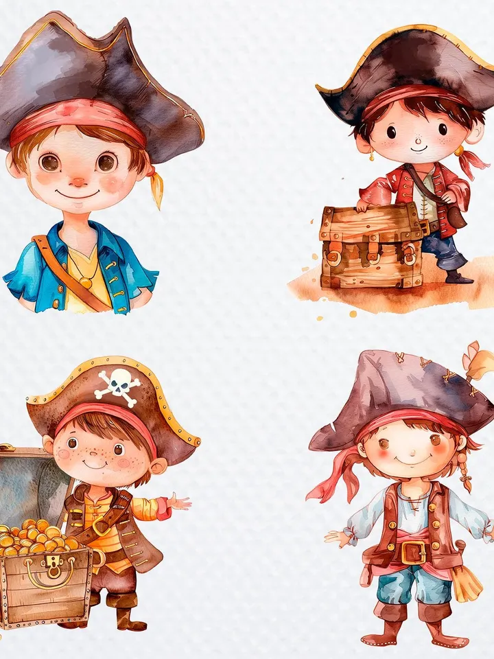 16 Cartoon Pirates PNG Bundle, Cute boy Pirates Printable Watercolor clipart for sublimation, High Quality PNGs, Paper craft, junk journals
