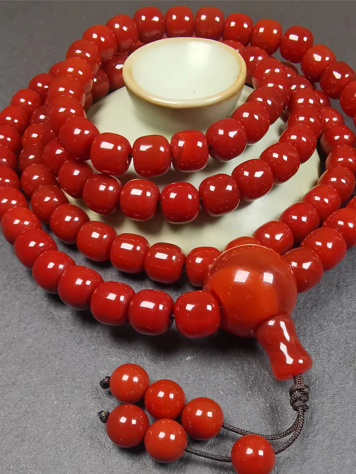 Gandhanra 108 Tibetan Mala, 0.4" Red Agate Prayer Beads Necklace,Tibetan Rosary for Meditation,Circumference 39"