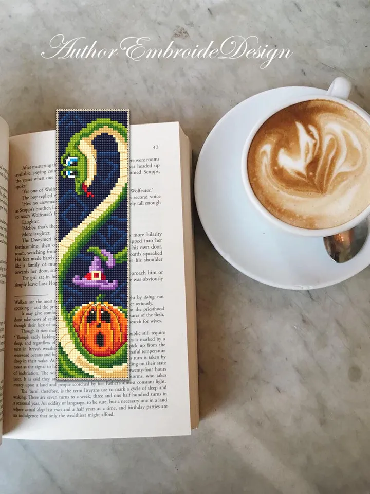 Halloween bookmark cross stitch pattern PDF download Snake cross stitch chart, Bookmark pattern digital PDF, Halloween pumpkin stitch #B360