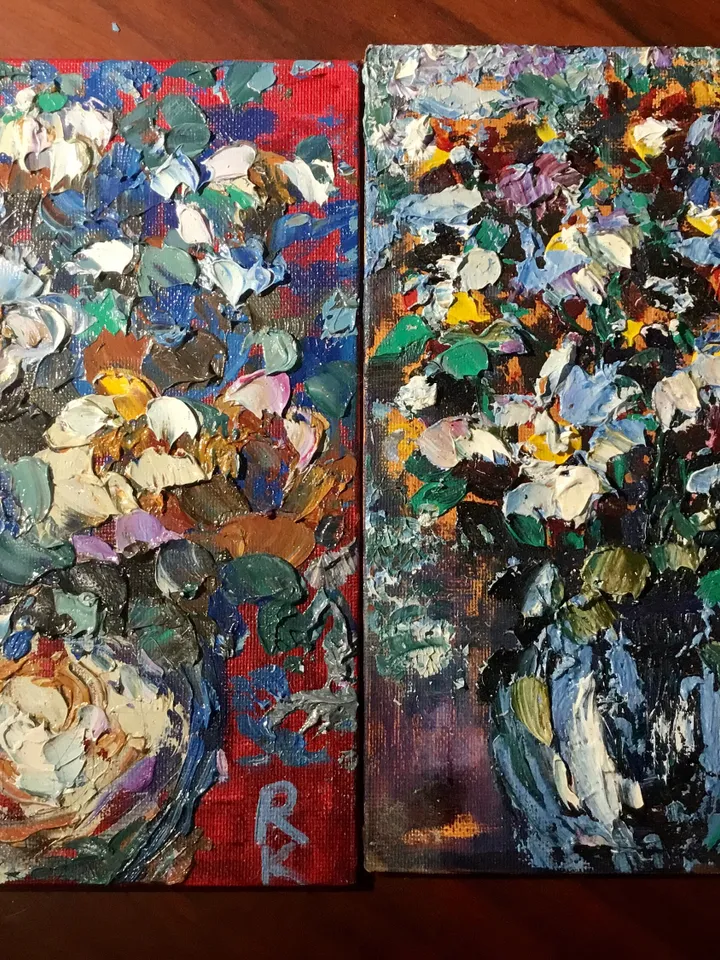 Triptych- original oil painting on canvas boards,flowers in a vase impasto style textured paintings, unique handmade gifts, home decoration.