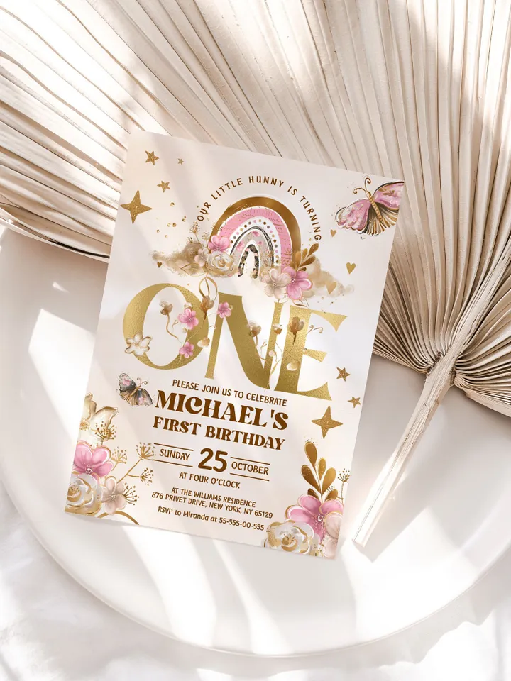 Editable Girl Birthday Invitation; Flowers Boho Rainbow Butterflyes Birthday; Cute girl invitation any age; boho rainbow birthday invitation