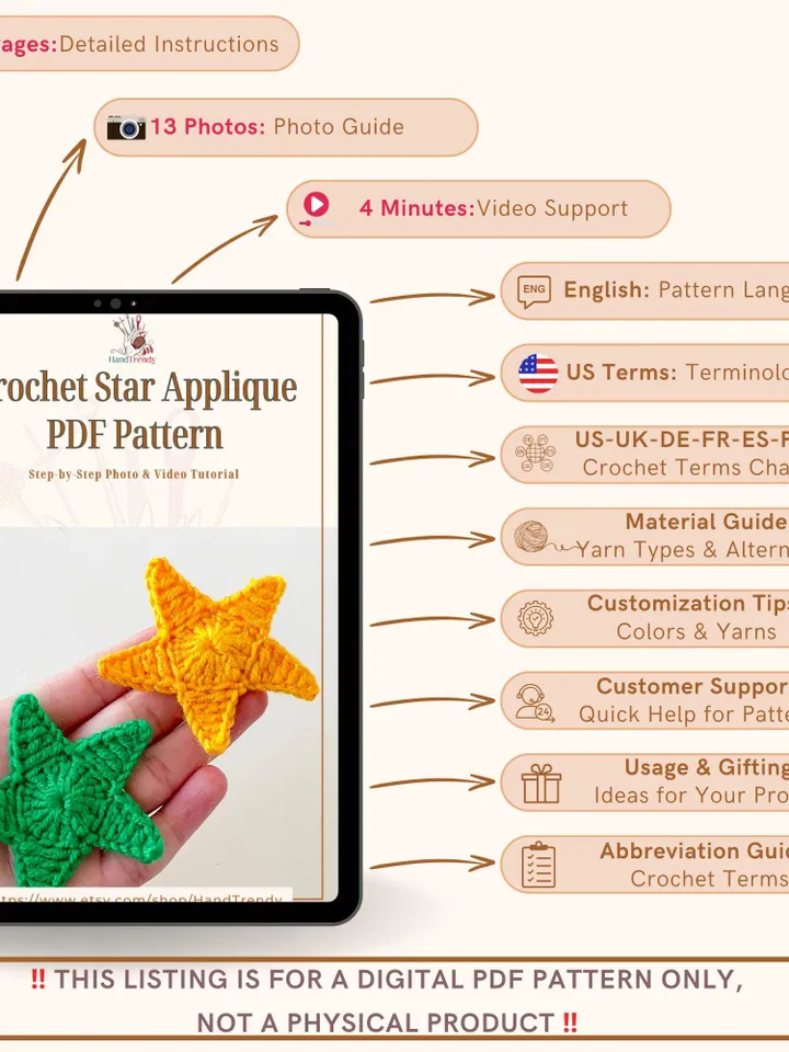 Crochet Star Pattern Applique PDF, DIY Decorative Star Ornament, Easy Crochet Pattern for Beginners