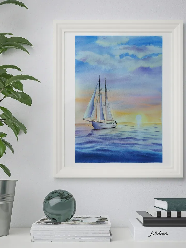Original Watercolor Painting Sea Landscape Art Sea Sunset Artwork Yacht Picture 30x40 cm by SoftWaves