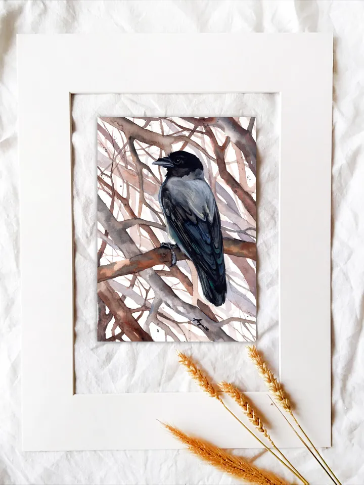 Crow Original watercolor, bird painting, wall decor, birds lover gift, 8x11 in handmade art by Anne Gorywine