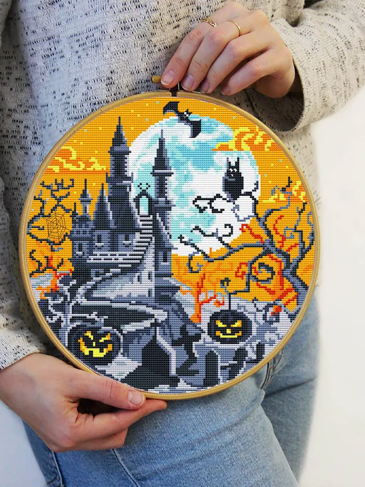 Set Halloween cross stitch pattern download PDF Haunted house cross stitch chart, Halloween pattern digital PDF, Happy Halloween night #S40