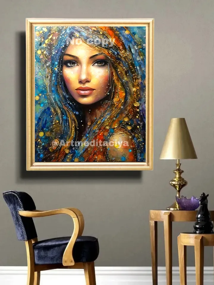 Digital abstract textural modern painting "Beauty from an Oriental fairy tale". An image of the texture of a gray-brown-eyed girl with long hair in an abstract multicolored form in the style of oil painting with a mix of zenart and pointillism