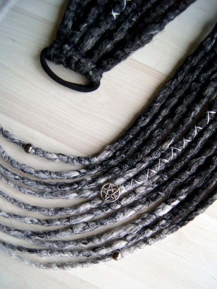 Dreads on hair tie Ponytail Black to Gray Synthetic Dreadlock Extensions Witch Goth hair Locks on elastic band