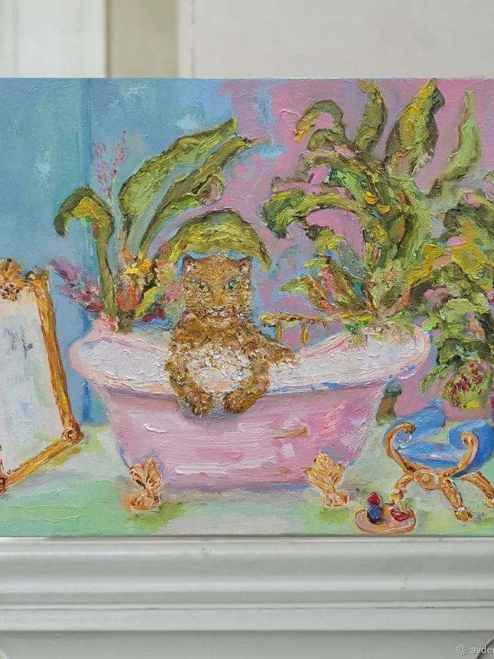 "Wild cat at SPA" oil painting on canvas 40x30cm (16x12inch)