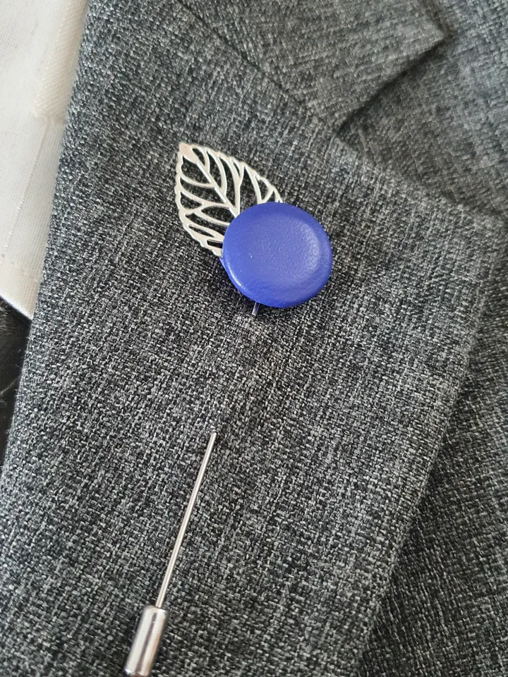 Blue men's lapel pin Leather boutonniere for him, minimalist pin