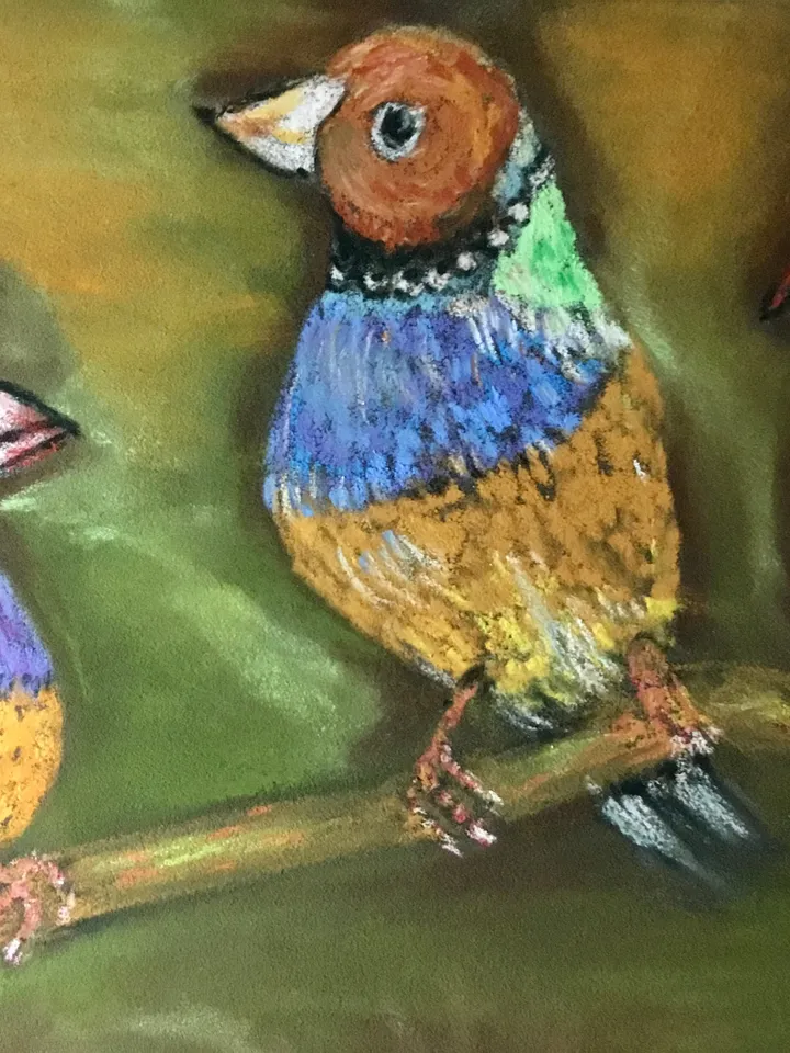 Funny birds painting ,3 friends, original pastel painting,bright colours.