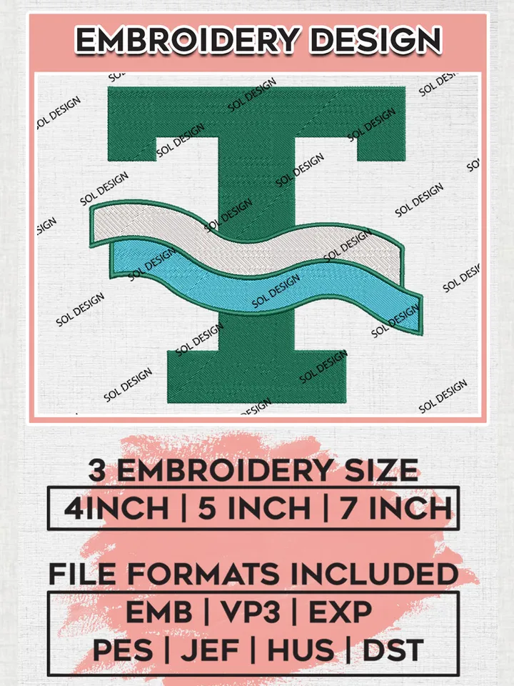 NCAA Tulane Green Wave Team Letter Logo Embroidery Design Files, NCAA Tulane Green Wave Machine Embroidery, NCAA Teams, 3 sizes, NCAA Machine embroidery designs, Digital Download