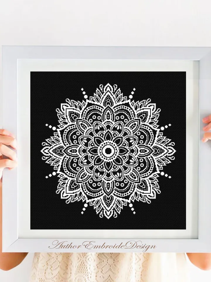 Flower mandala cross stitch pattern PDF download Monochrome cross stitch chart, Simple mandala pattern digital PDF, Mandala ornament #M263