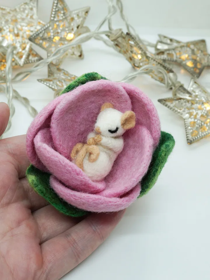Miniature needle felted mouse sleeping in a pink flower, baby mouse, white mouse, made to order
