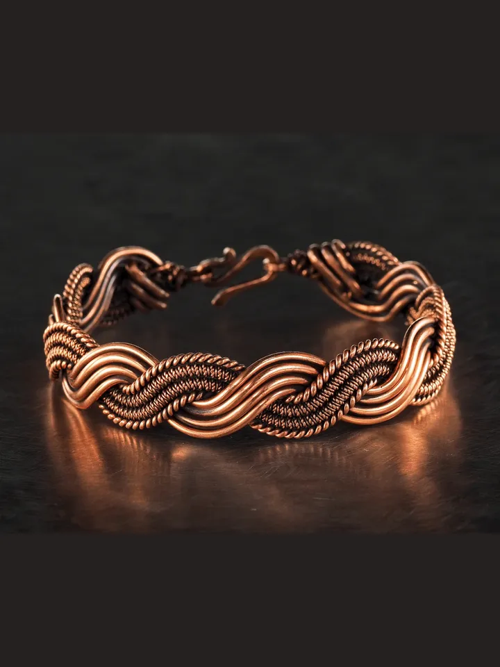 Wire wrapped bracelet, Unique 7th 22nd Anniversary gift idea, Art Nouveau antique style, One of kind braided statement bangle, Handmade oxidized pure copper jewelry, Pain relief, EMF protection