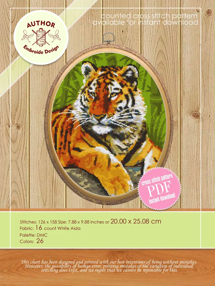 Tiger cross stitch pattern download PDF Wild animal cross stitch chart, Nature hand embroidery PDF Big tabby cat cross stitch Home decor #K5