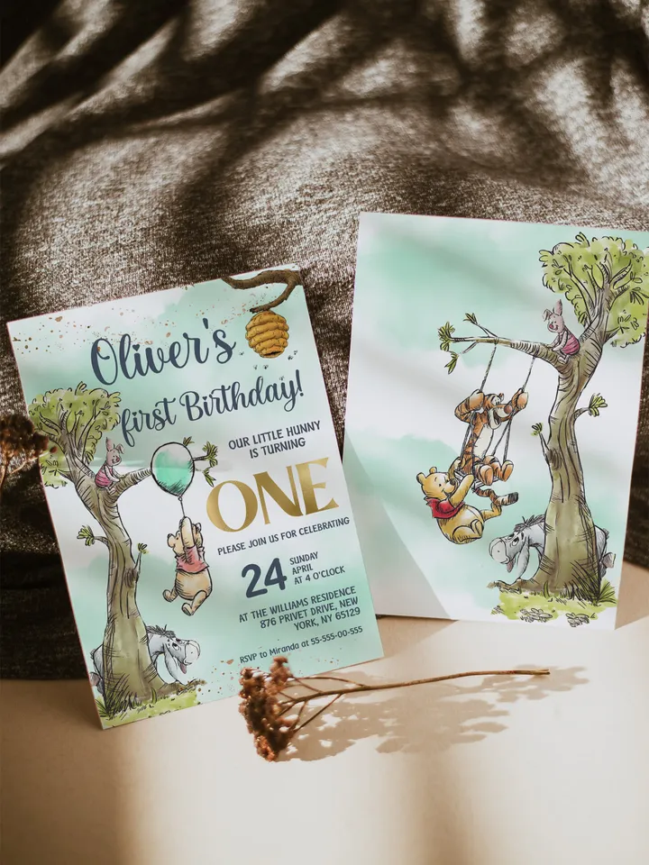 Classic Winnie Pooh Baby Birthday Invitation; Winnie Pooh Baby Birthday ; Greenery Baby Birthday; Honey Bear Birthday; Winnie Pooh wp5