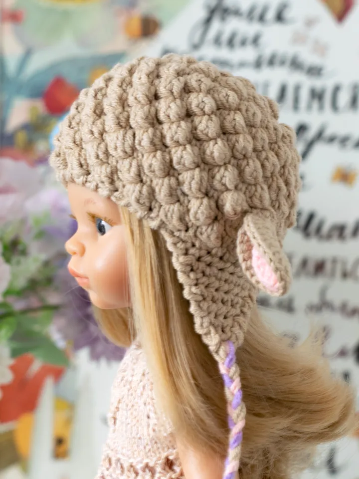 Crochet lamb hat for 13 inch dolls: Paola Reina, Meadow dolls Dumplings, Siblies Ruby Red, Little Darling for Easter