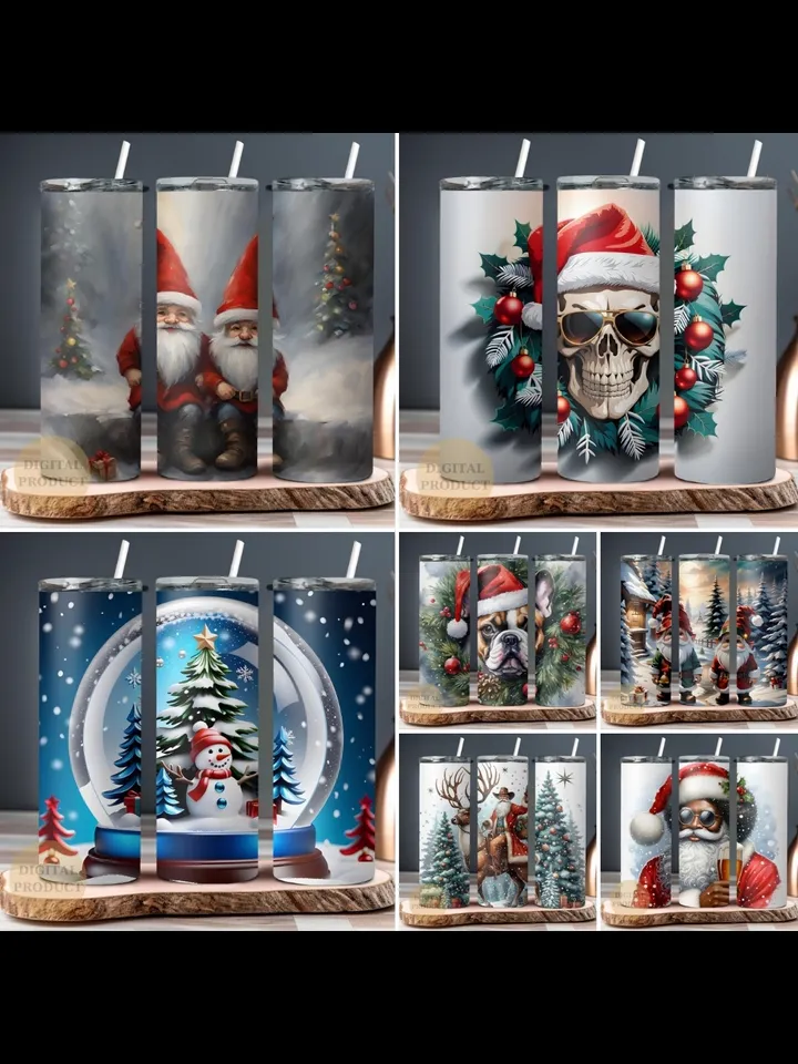 10 Christmas 20 Oz Tumbler Wrap png Bundle, Christmas Sublimation Designs for Tumbler, Christmas Skull with Santa Hat, Santa with Bubble Gum