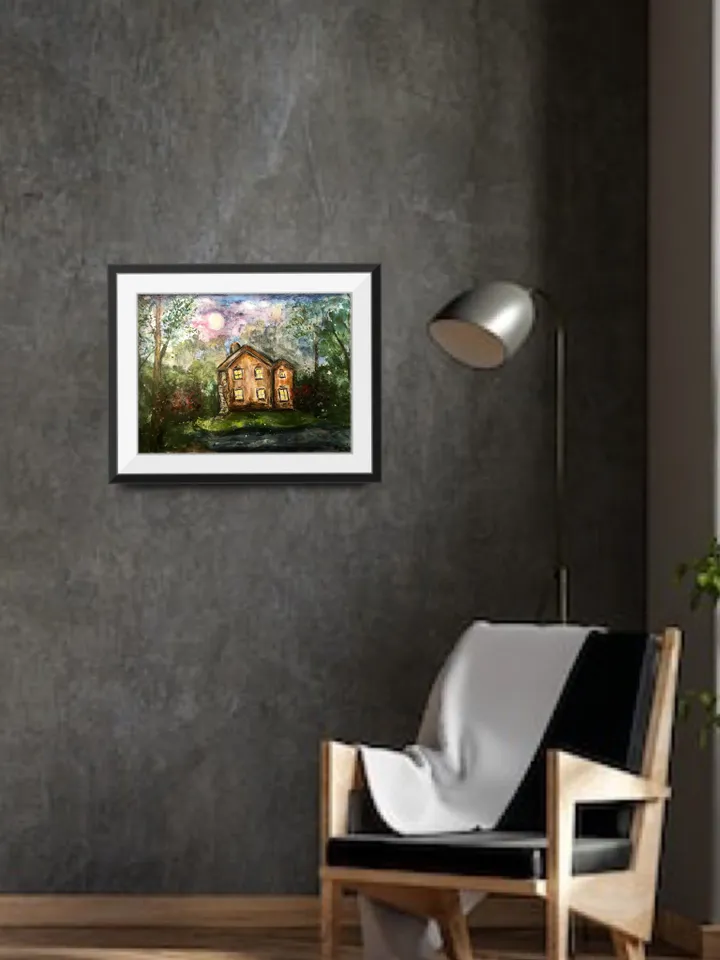 Mysterious House in the woods,original watercolour painting,forest painting,river,landscape painting,unique handmade painting,home decor